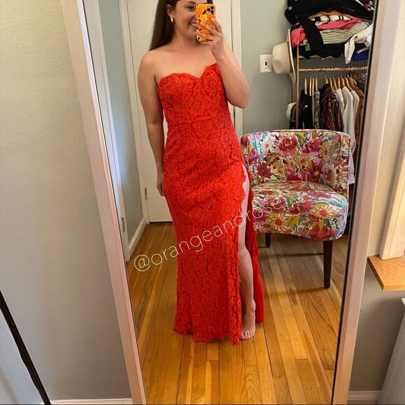 Fame and Partners Red Lace Strapless Maxi Dress Small - Picture 11 of 12